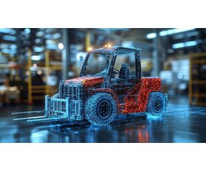 Ψηφιακή απεικόνιση περονοφόρου με έξυπνα components σε αποθήκη