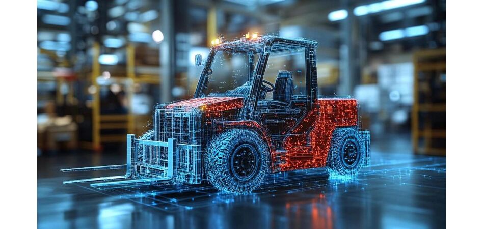 Ψηφιακή απεικόνιση περονοφόρου με έξυπνα components σε αποθήκη